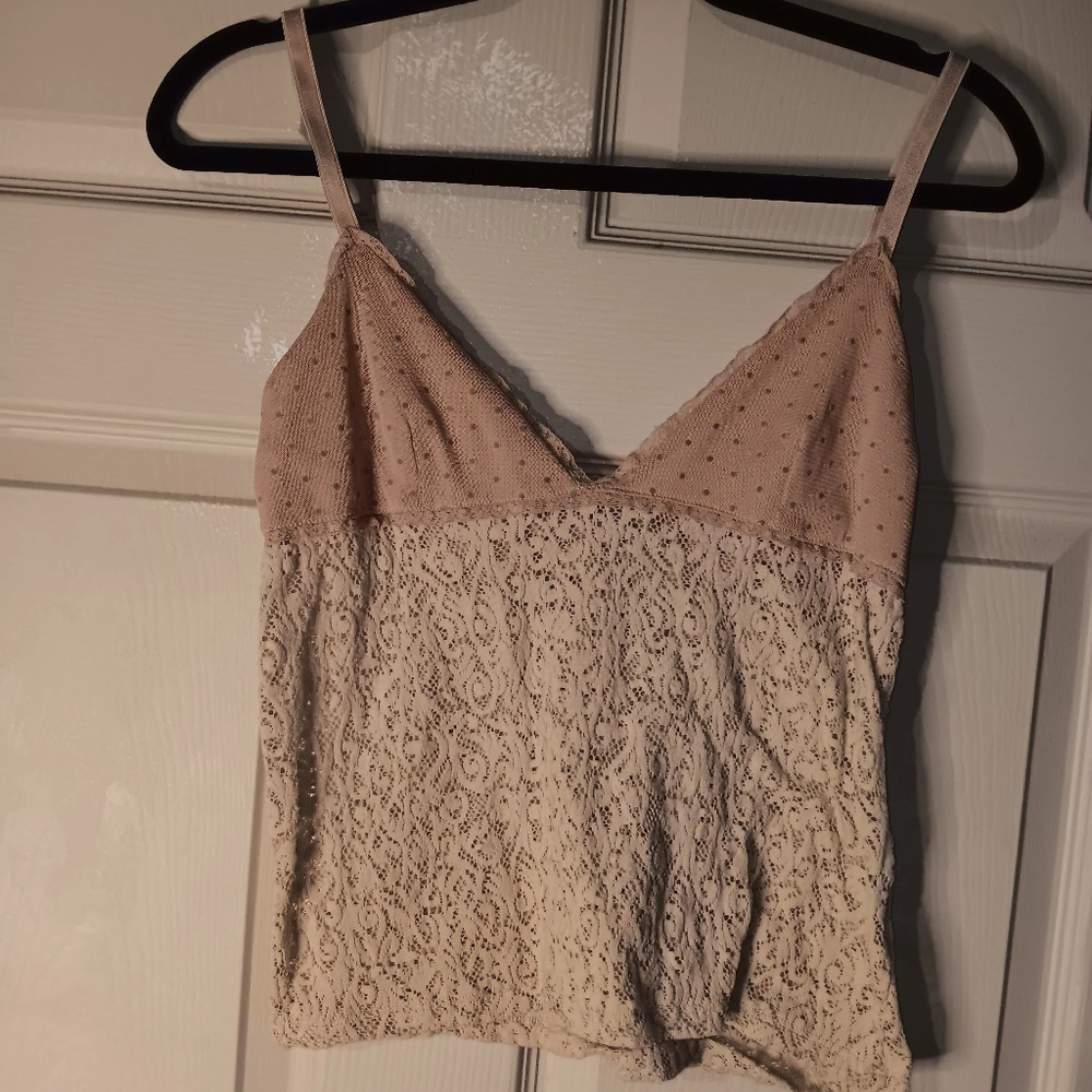 Zara Tan And Pink Polka Dot Camisole with Adjustable Spaghetti Straps Sz M Euc
